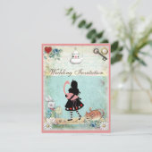 Alice, Roze Flamingo & Cheshire Cat Wedding Kaart (Staand voorkant)