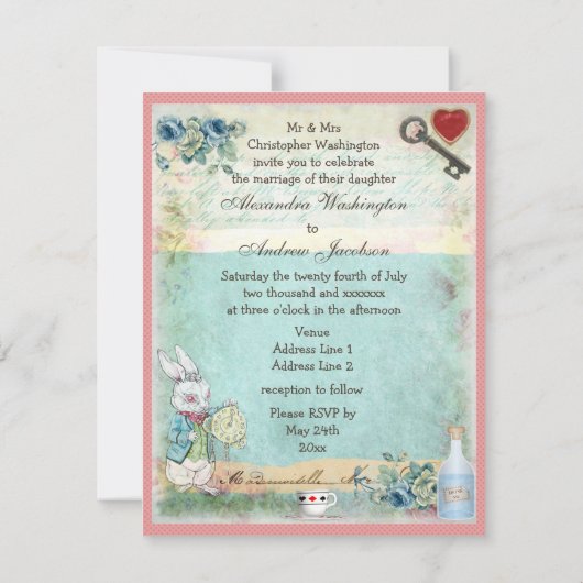 Alice, Roze Flamingo & Cheshire Cat Wedding Kaart (Achterkant)