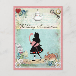 Alice, Roze Flamingo & Cheshire Cat Wedding Kaart