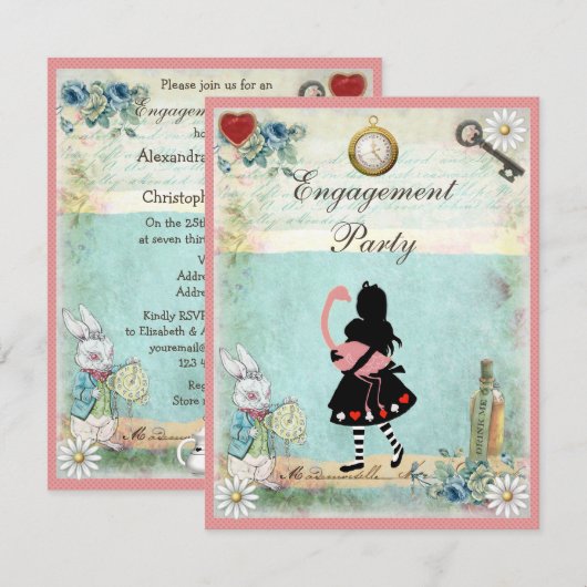 Alice & Roze Flamingo Engagement Party Kaart (Voorkant / Achterkant)