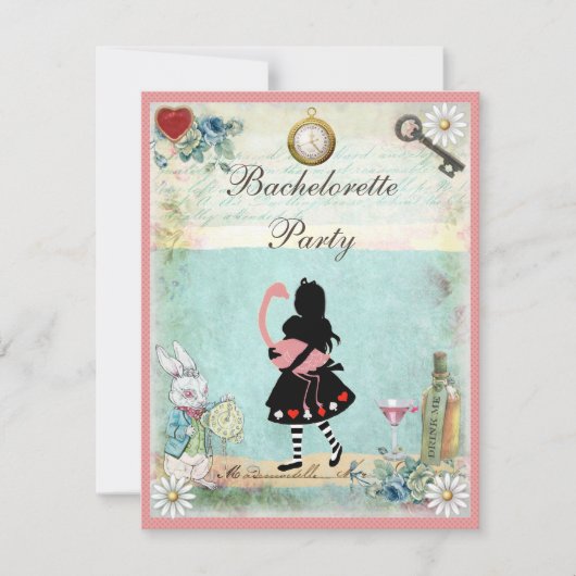 Alice & Roze Flamingo & Martini Bachelorette Party Kaart (Voorkant)