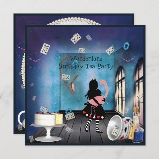 Alice & Roze Flamingo Wonderland Birthday Party Kaart (Voorkant / Achterkant)