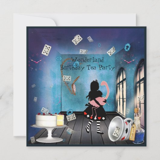 Alice & Roze Flamingo Wonderland Birthday Party Kaart (Voorkant)