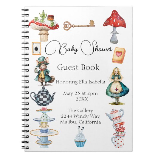 Alice Tea Party thema Baby shower gast Notitieboek (Voorkant)