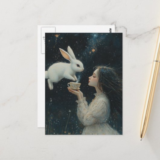 Alice Tea With the Rabbit Fantasy Briefkaart (Voorkant / Achterkant in situ)