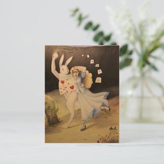 Alice & The Rabbit met Watch - Handschets Briefkaart (Staand voorkant)