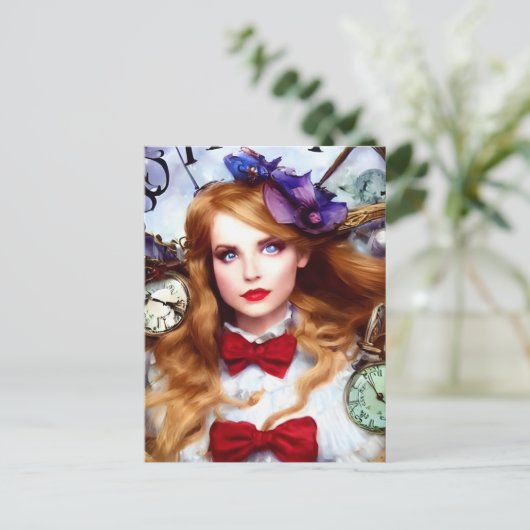 Alice Time houdt Bewegende AI Generated Art Briefkaart (Staand voorkant)