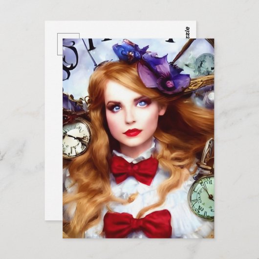 Alice Time houdt Bewegende AI Generated Art Briefkaart (Voorkant / Achterkant)