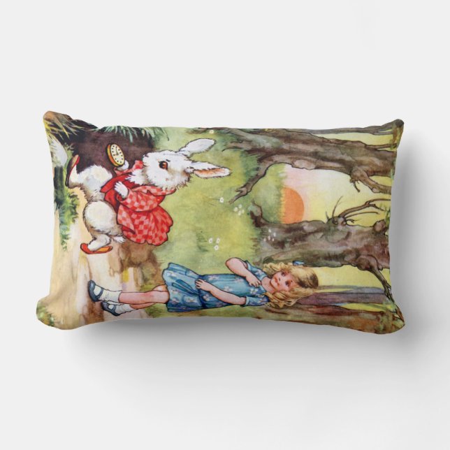 Alice volgt het witte konijn naar Wonderland Kussen (Voorkant)