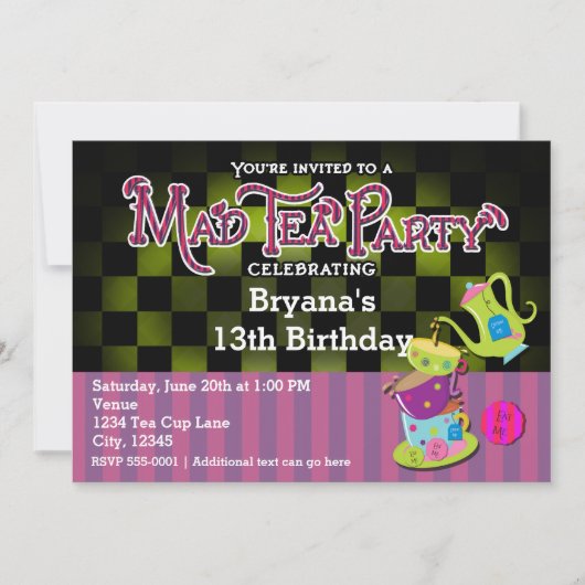 Alice Whimsical MAD TEA PARTY Birthday Invitation Kaart (Voorkant)