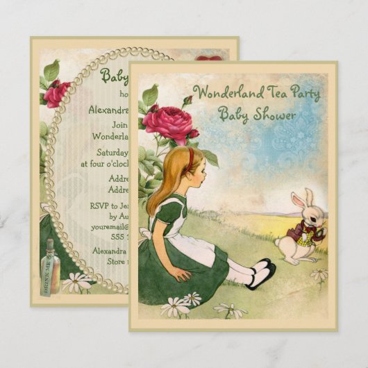 Alice & White Rabbit Wonderland Baby shower Kaart (Voorkant / Achterkant)