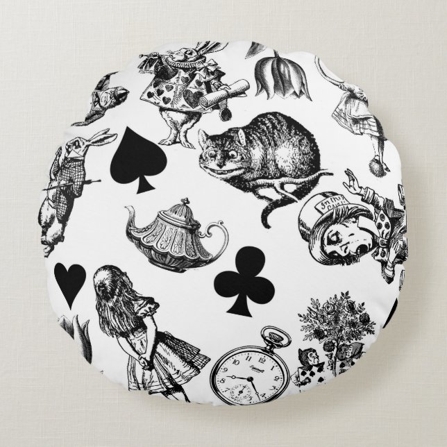 Alice White Rabbit Wonderland Cheshire Cat Rond Kussen (Voorkant)