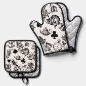 Alice White Rabbit Wonderland Classic Ovenwant & Pannenlap Set (Voorkant / Achterkant)