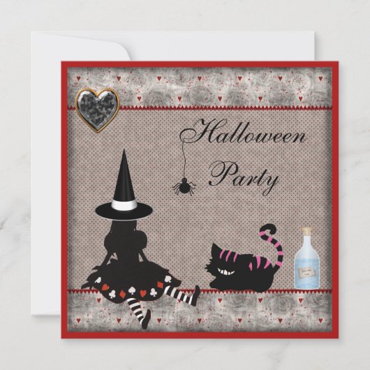 Alice Witch & Cheshire Cat Halloween Party Invites Kaart (Voorkant)