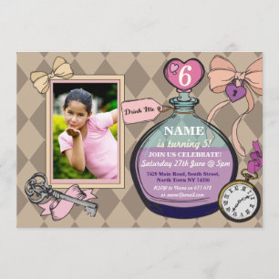 Alice Wonderland Birthday Photo Invitation Kaart