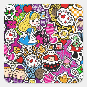 Alice Wonderland Mad Hatter Kat Doodle Kunst door Vierkante Sticker