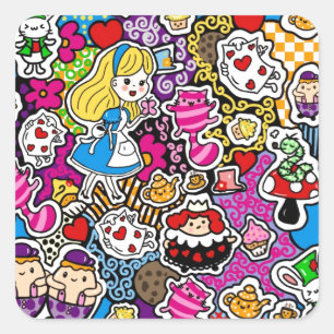 Alice Wonderland Mad Hatter Kat Doodle Kunst door Vierkante Sticker