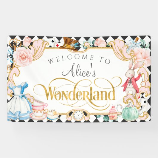 Alice wonderland met de achtergrond van het gekke- spandoek (Horizontaal)