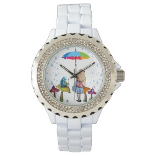 Alice Wonderland, Rhinestone wit emaille Horloge