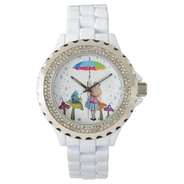 Alice Wonderland, Rhinestone wit emaille Horloge (Voorkant)