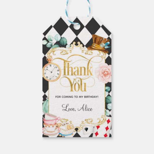 Alice wondert zich af van het gekke-hattertheefees cadeaulabel (Achterkant)