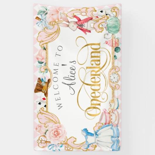 Alice's Onederland meisje 1 verjaardag roze achter Spandoek (Verticaal)