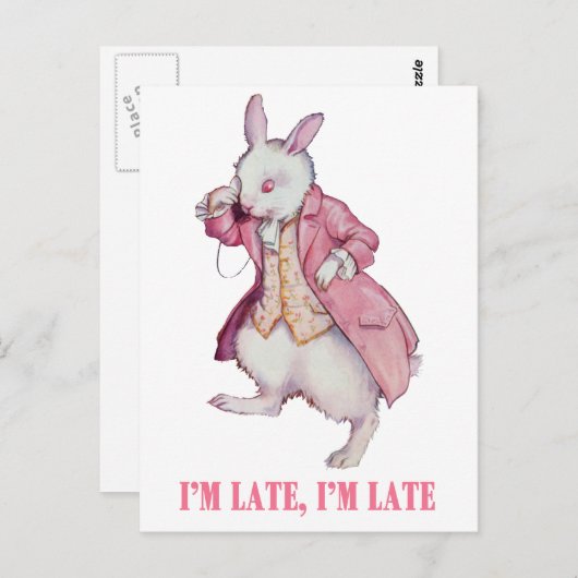 ALICE'S WITTE RABBIT ZEGT: "IK BEN LAAT, IK BEN LA BRIEFKAART (Voorkant / Achterkant)