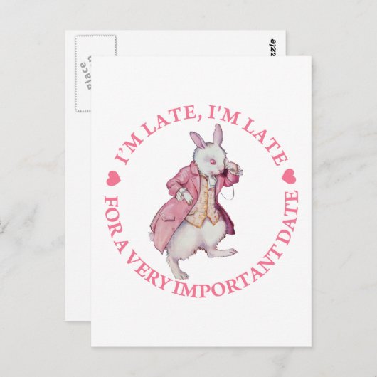 ALICE'S WITTE RABBIT ZEGT: IK BEN TE LAAT, IK BEN BRIEFKAART (Voorkant / Achterkant)