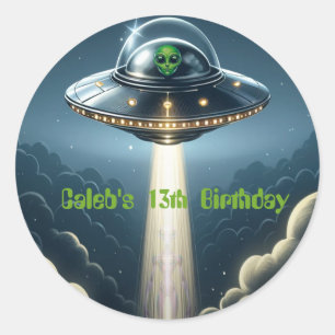 Alien Abductie UFO Blauwe Wolken Verjaardagsfeestj Ronde Sticker