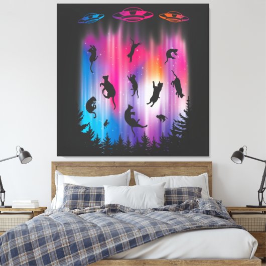 Alien Abduction Cat Flying Saucer Funny UFO Canvas Afdruk (Insitu (Slaapkamer))