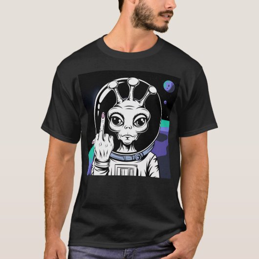 Alien Astronaut Grappig Middelvinger T-shirt (Voorkant)