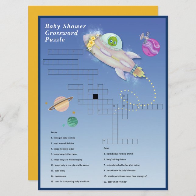 Alien Baby shower Crossword Puzzel Spel Kaart (Voorkant / Achterkant)