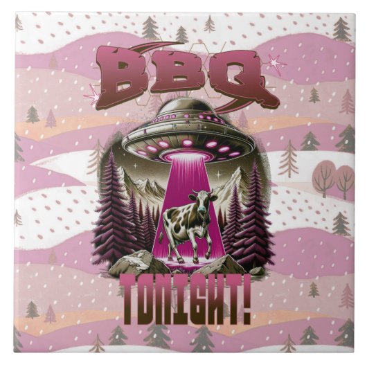 Alien BBQ Koe ontvoering grap Tegeltje (Voorkant)