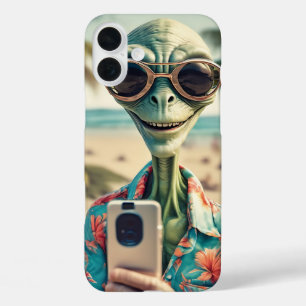 Alien Beach Selfie Retro Art iPhone 16 Plus Hoesje