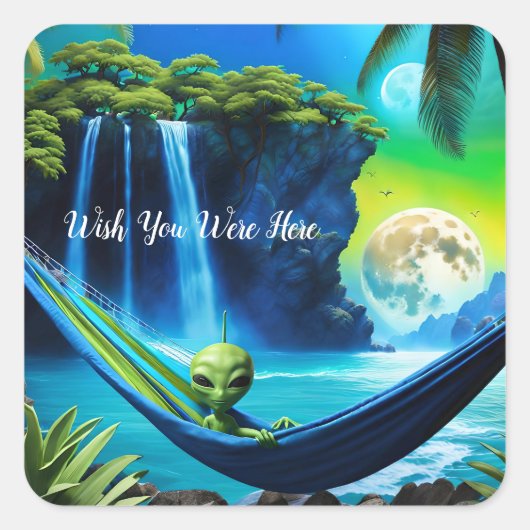 Alien Beach Vakantie - Wens dat je hier was Vierkante Sticker (Voorkant)