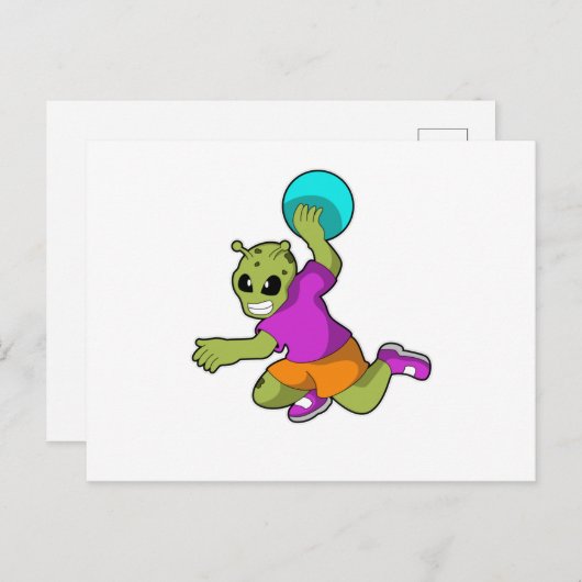 Alien bij handbalspeler met handbal briefkaart (Voorkant / Achterkant)