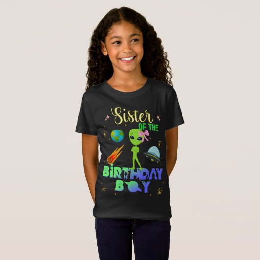 Alien Birthday Boy Party Theme Spaceship Sister T-shirt (Voorkant volledig)