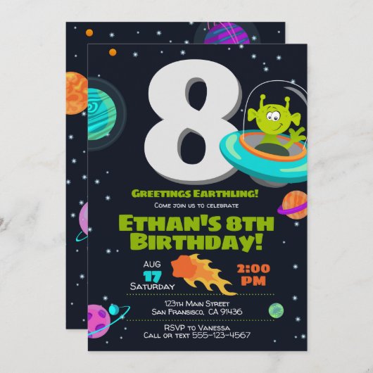 Alien Birthday Invitation, Space Birthday Invite Kaart (Voorkant / Achterkant)