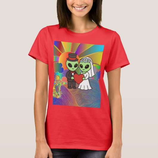 Alien Bride and Groom Retro Neon Galactic Wedding  T-shirt (Voorkant)