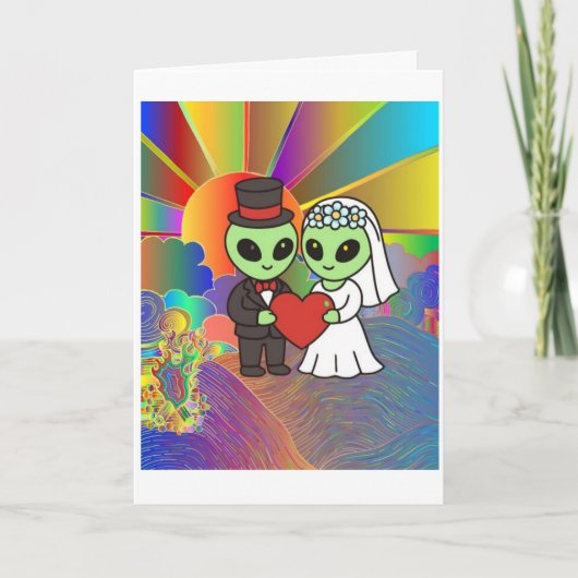 Alien Bride and Groom Wedding Retro Neon  Bedankkaart (Voorkant)