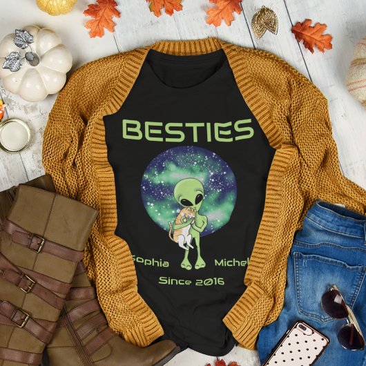Alien & Cat Besties Matching Tee Customizable Tri-Blend Shirt