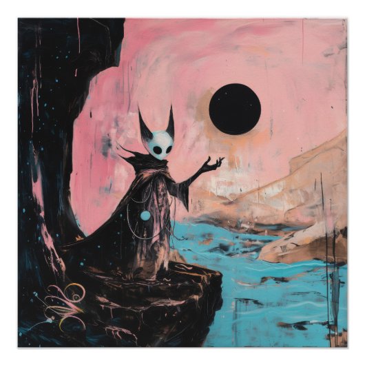 Alien Cat Black Moon Witchy AI Art Semi-Gloss Perfect Poster (Voorkant)