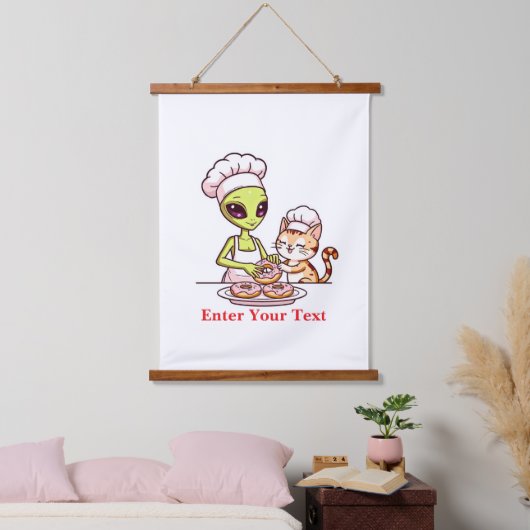 Alien Chef Kat Donut Kawaii Ontwerp Hangend Wandkleed (Slaapkamer)