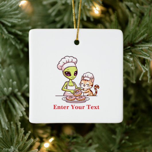 Alien Chef Kat Donut Kawaii Ontwerp Keramisch Ornament (Boom)