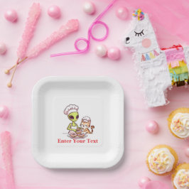Alien Chef Kat Donut Kawaii Ontwerp Papieren Bordje