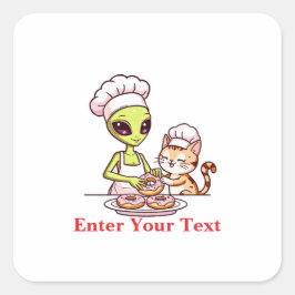 Alien Chef Kat Donut Kawaii Ontwerp Vierkante Sticker