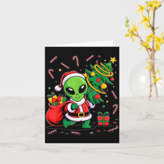 Alien Christmas Tree Lights Xmas Funny Alien  Kaart (Gele Bloem)