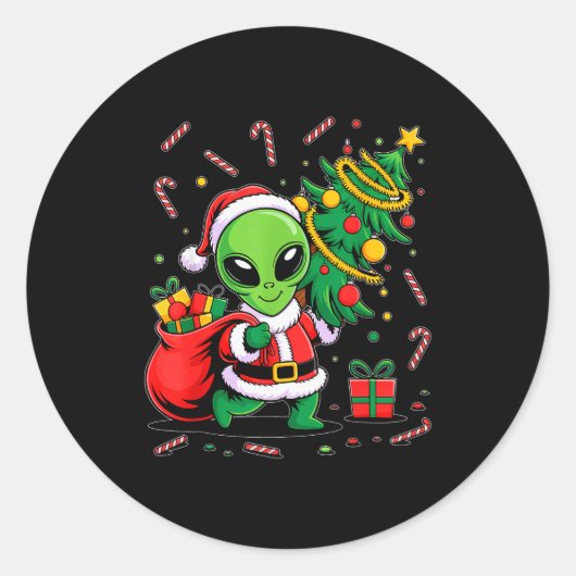 Alien Christmas Tree Lights Xmas Funny Alien Ronde Sticker (Voorkant)