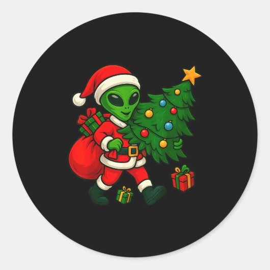 Alien Christmas Tree Xmas Lights Funny Holiday Men Ronde Sticker (Voorkant)