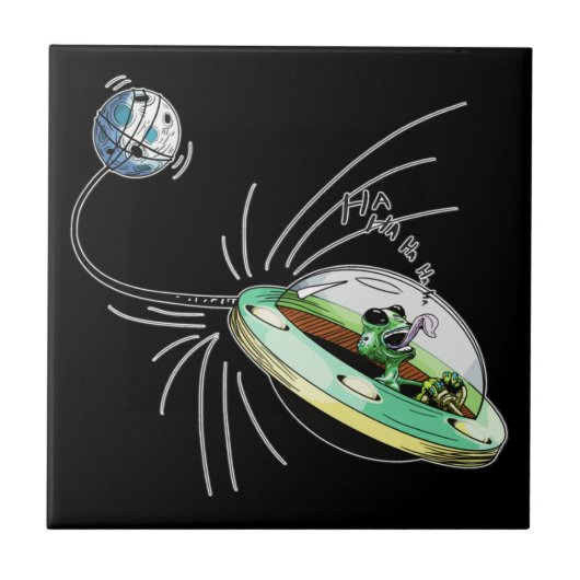 Alien die de maan draaiende houden tegeltje (Voorkant)